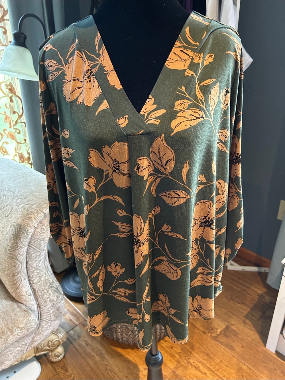 Beacon Olive Green and Mustard Floral V-Neck Top